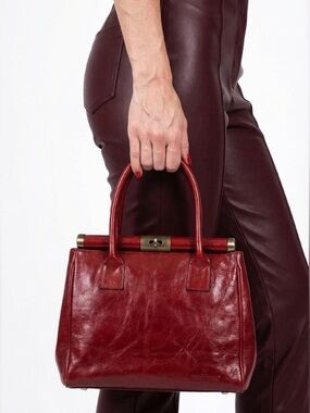 HEXAGONA RED LEATHER TOTE BAG TOP HANDLE SATCHEL WOMAN
